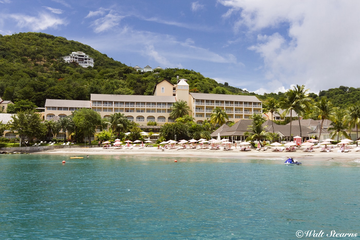 The BodyHoliday Resort overlooks a white sand beach on the northwest coast of St. Lucia. Diving and snorkeling reefs begin just offshore.