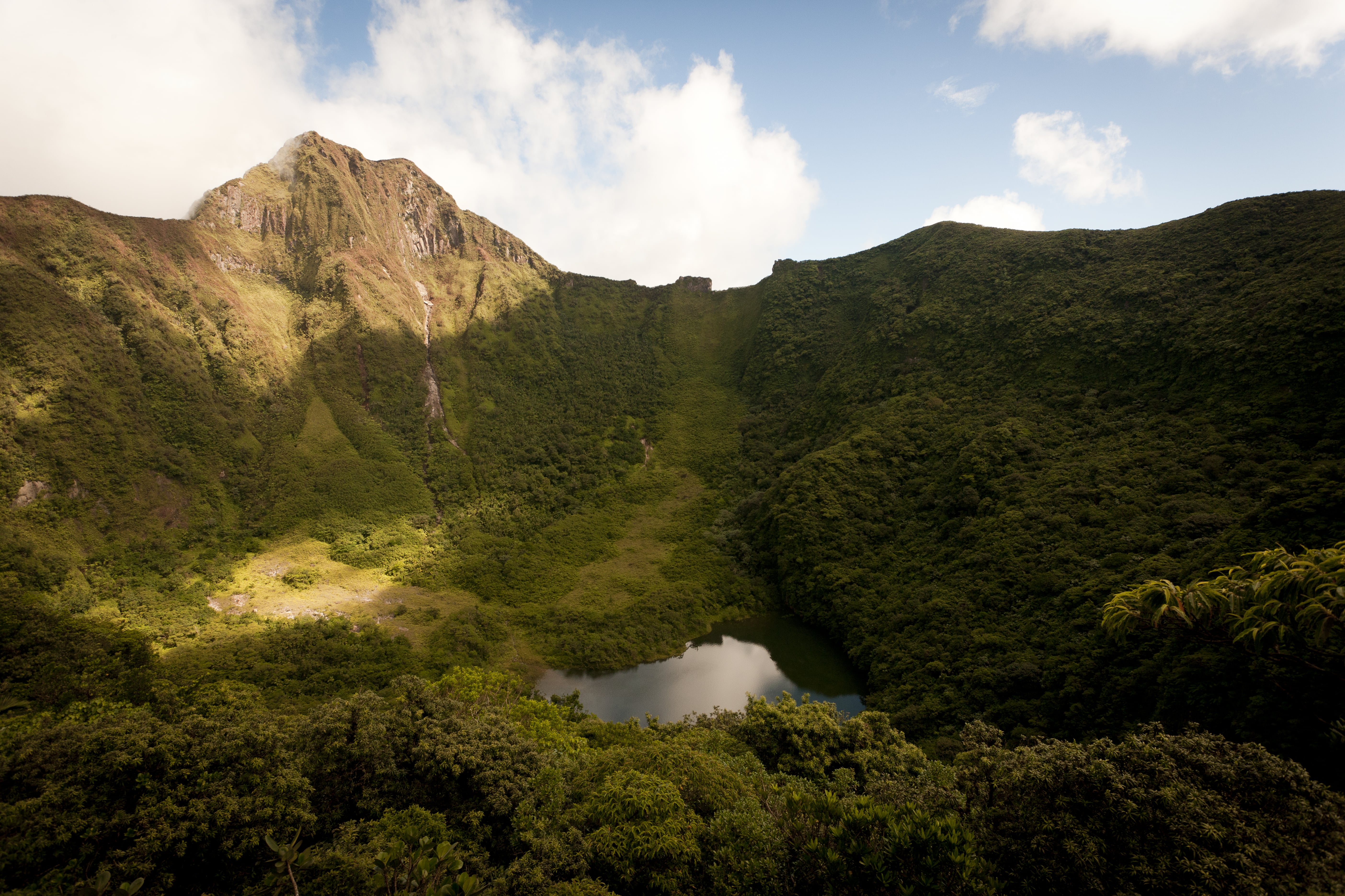 The interior crater of Mount Liamuiga shelters a hidden rainforest and lake. The interior crater of Mount Liamuiga shelters a hidden rainforest and lake.