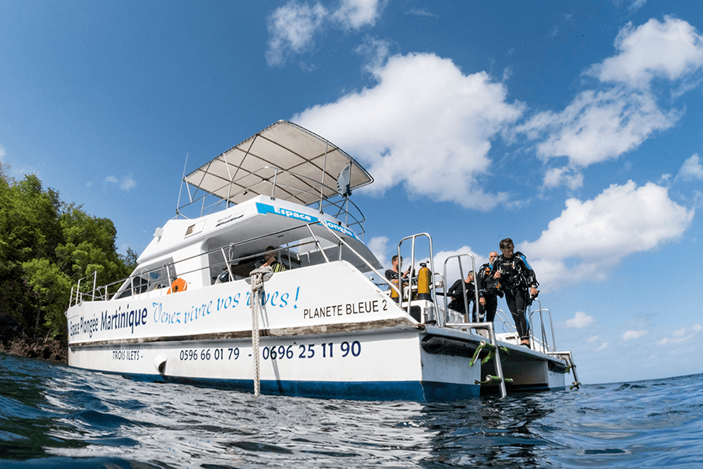 Divers prepare to enter the water from the catamaran Blue Planet 2, which visits sites along Martinique's central coast. Divers prepare to enter the water from the catamaran Blue Planet 2, which visits sites along Martinique's central coast.