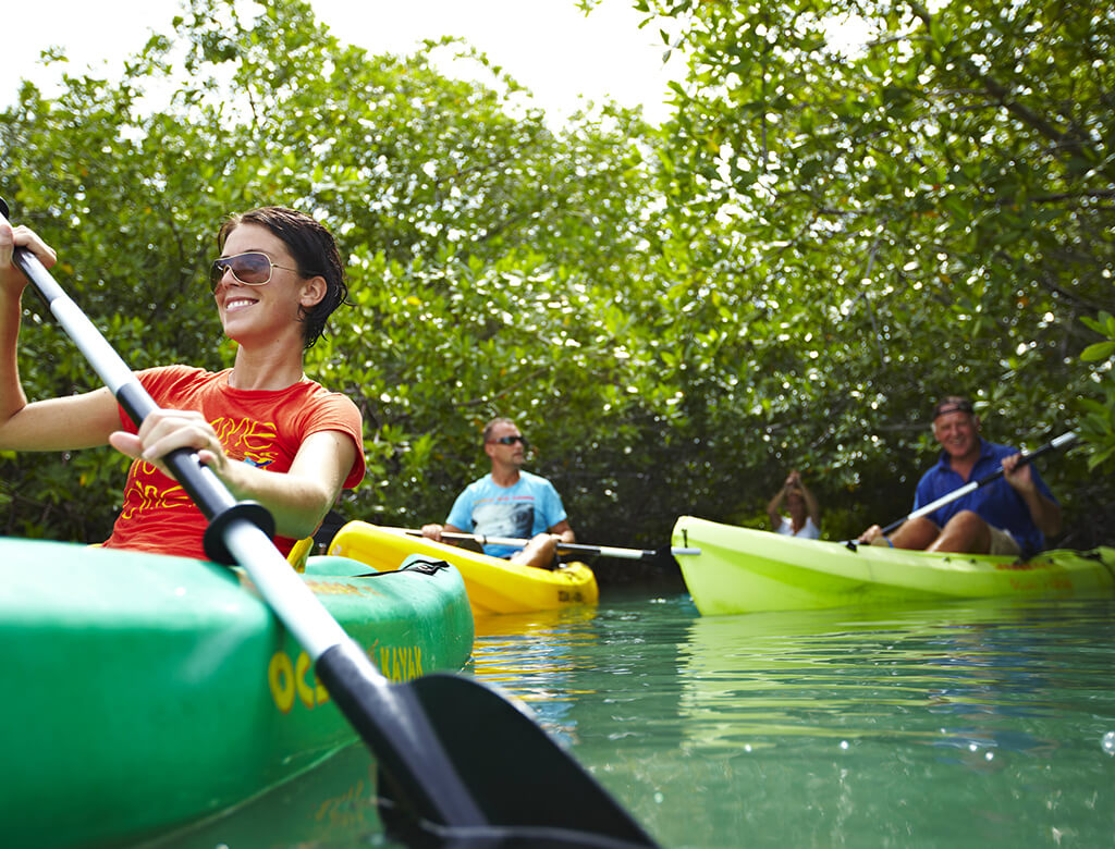 Kayakers make their way through mangrove-lined channels at Lac Bay.