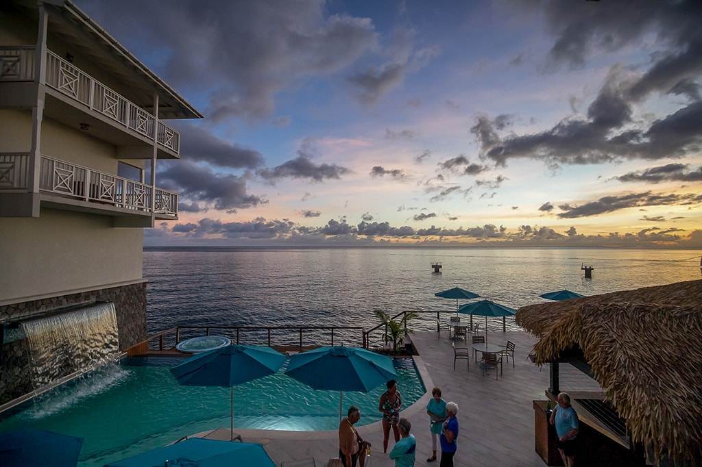 The hotel's pool deck is a favorite place to relax and enjoy sunsets.