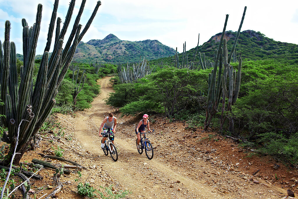 Bikers can follow a dirt road in Washington Slagbaai National Park that leads to secluded beaches hidden in small coves. Bikers can follow a dirt road in Washington Slagbaai National Park that leads to secluded beaches hidden in small coves.