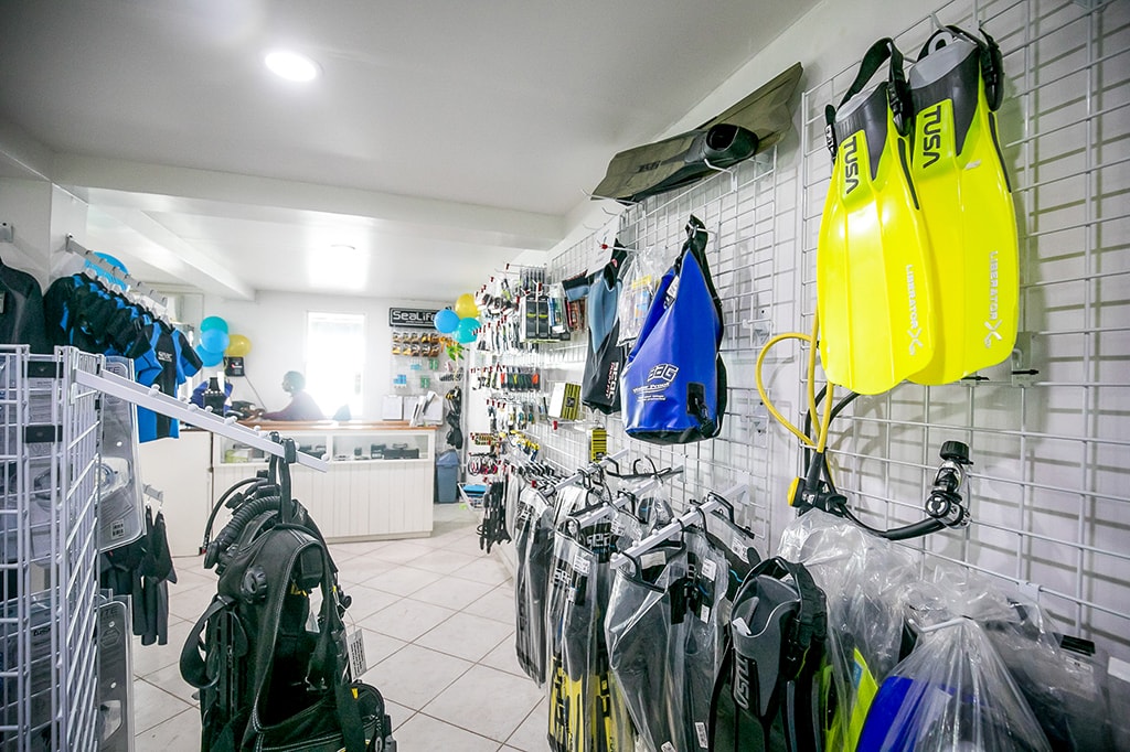 The full-service dive center offers retail, rental and gear storage.