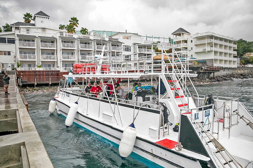 The dive center's custom-built power catamaran has a large, shaded deck and secure twin boarding stations.