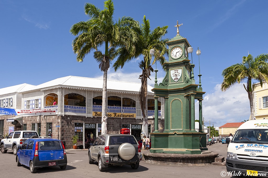 The Berkeley Memorial Clock sits in the middle of Basseterre's central roundabout known as the Circus.