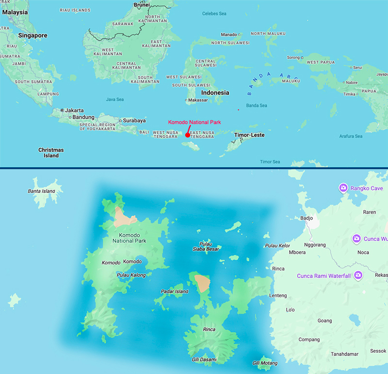 Komodo National Park lies between the major islands of West and East Nusa Tenggara in south-central Indonesia. Komodo National Park lies between the major islands of West and East Nusa Tenggara in south-central Indonesia.