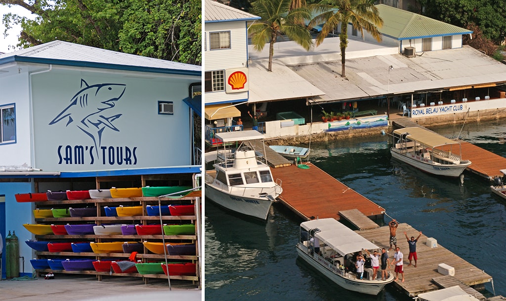 Dive trips and kayak tours depart from the dive center for sites on reefs and in the Rock Islands.