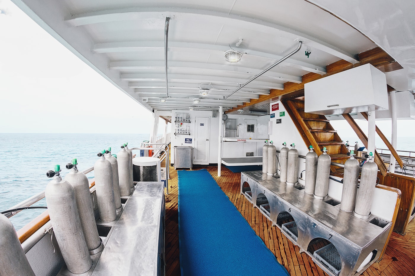 The well-organized dive deck of the Galapagos Sky provides each diver with ample space for gearing up, along with personal storage space below the bench.